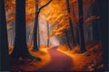 Warm glow Fall Autumn forest woods with path Royalty Free Stock Photo