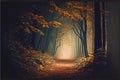 Warm glow Fall Autumn forest woods with path Royalty Free Stock Photo