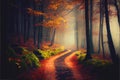 Warm glow Fall Autumn forest woods with path Royalty Free Stock Photo