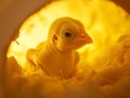 Warm, glowing ambiance of a hatchery with a newborn chick nestled inside