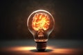 Warm glowing brain inside the light bulb. AI generated