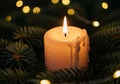Warm glowing candle flame illuminates festive christmas tree needles and soft bokeh lights Royalty Free Stock Photo