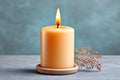 warm, glowing candle stands elegantly on smooth surface, accompanied by delicate dried flowers, creating serene atmosphere Royalty Free Stock Photo