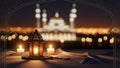 A warm glowing lantern with prayer beads elegantly overlooks a distant mosque. Royalty Free Stock Photo