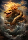 Warm Gold Traditional Chinese Dragon with Mouth open in the sky with dense clouds and top sun
