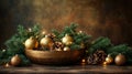 Warm Golden Christmas Decorations in Rustic Bowl Royalty Free Stock Photo