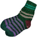 Warm green grey violet purple striped knitted wool camp socks, large detailed isolated macro closeup, gray burgundy red woolen