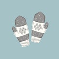 Warm grey wool mittens with ornament. Vector illustration