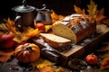 warm, homemade bread on a rustic board with autumn leaves