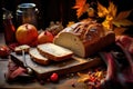 warm, homemade bread on a rustic board with autumn leaves