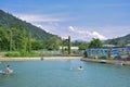 Warm hot spring pond surrounded by artistic colourful mural wall painting at Bentong, Pahang, Malaysia