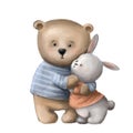 warm hugs of bear and hare, children's illustration, watercolor style clipart with cartoon characters