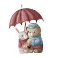 warm hugs of bear and hare under umbrella, children's illuatration, watercolor style clipart with cartoon characters