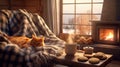 Warm indoor scene with a ginger cat on a plaid blanket, a mug of tea, cookies, and a cozy fireplace by a snowy window Royalty Free Stock Photo