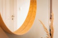 Warm interior of a living room with a mirror with a wood frame and a door reflection and dried reed