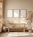Minimalist Interior Scene with Three Blank Frames and Bamboo Bench Royalty Free Stock Photo
