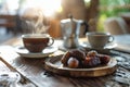 Warm and inviting ambiance with a rustic wooden table adorned with plump dates, radiating natural elegance and comfort