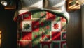Cozy Christmas Quilt on Bed with Festive Holiday Patterns, AI Generated