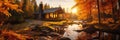 Warm And Inviting Cabin In An Autumn Landscapecosy Cabins In Autumn, Rustic Warmth Of Fireplaces, Re