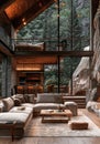 A warm and inviting cabin-style interior with natural elements such as wood and stone Royalty Free Stock Photo