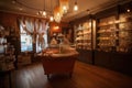 warm and inviting candy shop with wooden floors, light fixtures, and vintage accents