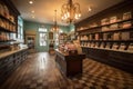 warm and inviting candy shop with wooden floors, light fixtures, and vintage accents