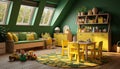 Warm and Inviting Childrens Room with Playful Decor, Abundant Natural Lighting, and Cozy Ambiance