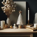 Cozy Christmas Decor on Wooden Table, AI Generated