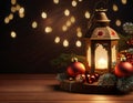 Warm, inviting christmas scene with a glowing lantern, pine branches, and red baubles Royalty Free Stock Photo