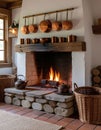 Rustic Kitchen Hearth with Copper Pots and Log Fire Ai Generated Royalty Free Stock Photo