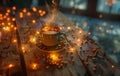 A warm, inviting cup of coffee emits steam on a rustic wooden table amidst scattered coffee beans, with a bokeh light Royalty Free Stock Photo