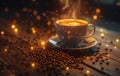 A warm, inviting cup of coffee emits steam on a rustic wooden table amidst scattered coffee beans, with a bokeh light Royalty Free Stock Photo