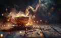 A warm, inviting cup of coffee emits steam on a rustic wooden table amidst scattered coffee beans, with a bokeh light Royalty Free Stock Photo