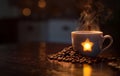 A warm, inviting cup of coffee emits steam on a rustic wooden table amidst scattered coffee beans, with a bokeh light Royalty Free Stock Photo