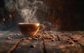 A warm, inviting cup of coffee emits steam on a rustic wooden table amidst scattered coffee beans, with a bokeh light Royalty Free Stock Photo