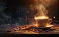 A warm, inviting cup of coffee emits steam on a rustic wooden table amidst scattered coffee beans, with a bokeh light Royalty Free Stock Photo