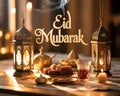 Festive Eid Mubarak table setting with ornate lanterns, a teapot, dates, tea, and pastries, illuminated by warm light and smoke Royalty Free Stock Photo