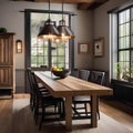 A warm and inviting farmhouse-style dining room with rustic furniture1 Royalty Free Stock Photo