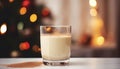 Festive Holiday Eggnog in Glass with Cinnamon on Christmas Background, AI Generated