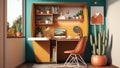 A cozy home office indoor a tiny house with a computer on desk and houseplants. Royalty Free Stock Photo