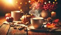 Cozy Autumn Vibes with Steaming Coffee and Fall Decorations, AI Generated