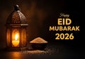 Happy eid mubarak 2026 lantern and food celebration greeting art Royalty Free Stock Photo