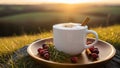 Aromatic Winter Beverage: Cappuccino with Cinnamon Sticks and Cranberries at Golden Hour Royalty Free Stock Photo