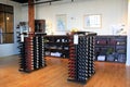 Interior shot of warm wood flooring and wine racks, Living Roots Wine & Co., Rochester, New York, 2017