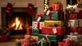 Stack of Christmas Gifts by Fireplace with Stockings Cozy Holiday Scene Royalty Free Stock Photo