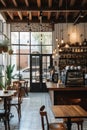 Warm and inviting interior of a rustic coffee shop with natural light.