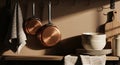 Stylish Kitchen Still Life: Copper Pans, Ceramic Bowls, and Linen Towels Royalty Free Stock Photo