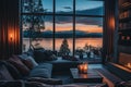 Warm and inviting lakeside cabin interior during winter, illuminated by fairy lights and a gentle sunset, offering a Royalty Free Stock Photo