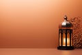 Elegant lantern with warm light on modern table setting Royalty Free Stock Photo