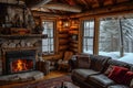 A warm and inviting living room filled with comfortable furniture and a crackling fireplace, A cozy, rustic log cabin with a Royalty Free Stock Photo